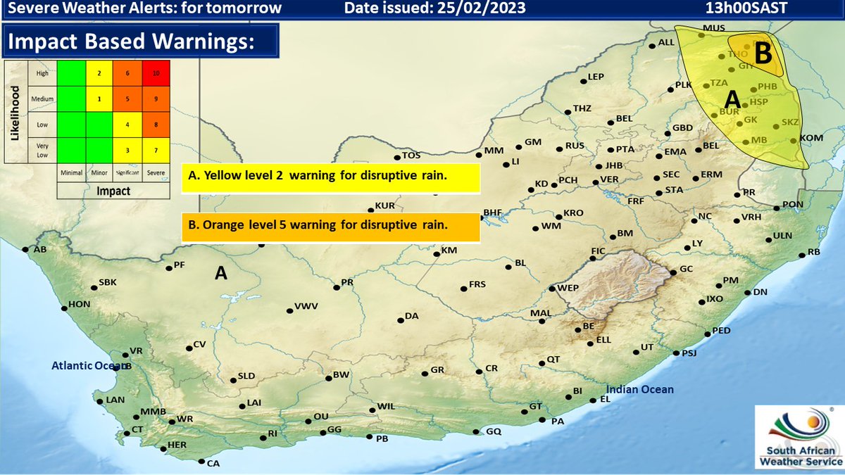 SAWeatherServic's tweet image. 🌧️Severe weather warning for tomorrow: 26-02-2023. 🌧️