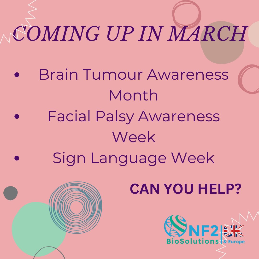 NF2 BioSolutions UK & Europe (@nf2biosolution1) on Twitter photo Can you help us at all?
* Brain Tumour Awareness Month - share your brain tumour story
* Facial Palsy Awareness Week - We're sharing posts from <a href="/facialpalsyuk/">Facial Palsy UK</a>
* Sign Language Week - We will be sharing our NF2 Aware signed videos.
#endNF2 #NF2awareness #neurofibromatosis type2 Can you help us at all?
* Brain Tumour Awareness Month - share your brain tumour story
* Facial Palsy Awareness Week - We're sharing posts from <a href="/facialpalsyuk/">Facial Palsy UK</a>
* Sign Language Week - We will be sharing our NF2 Aware signed videos.
#endNF2 #NF2awareness #neurofibromatosis type2