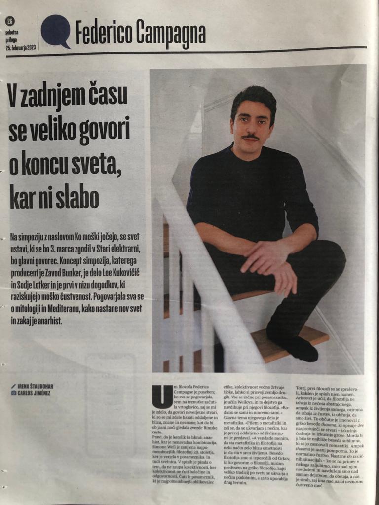 BunkerLjubljana's tweet photo. Danes si lahko v Sobotni prilogi Dela (@sobotna ) preberete intervju s filozofom Federicom Campagno, ki bo na simpoziju Ko moški jočejo, se svet ustavi prek spleta sodeloval z uvodnim predavanjem. 😊
👉Spletni dostop do članka: https://t.co/PAFK2EvOQC
👀💦 #whenmencry https://t.co/j9mrtzgyUt