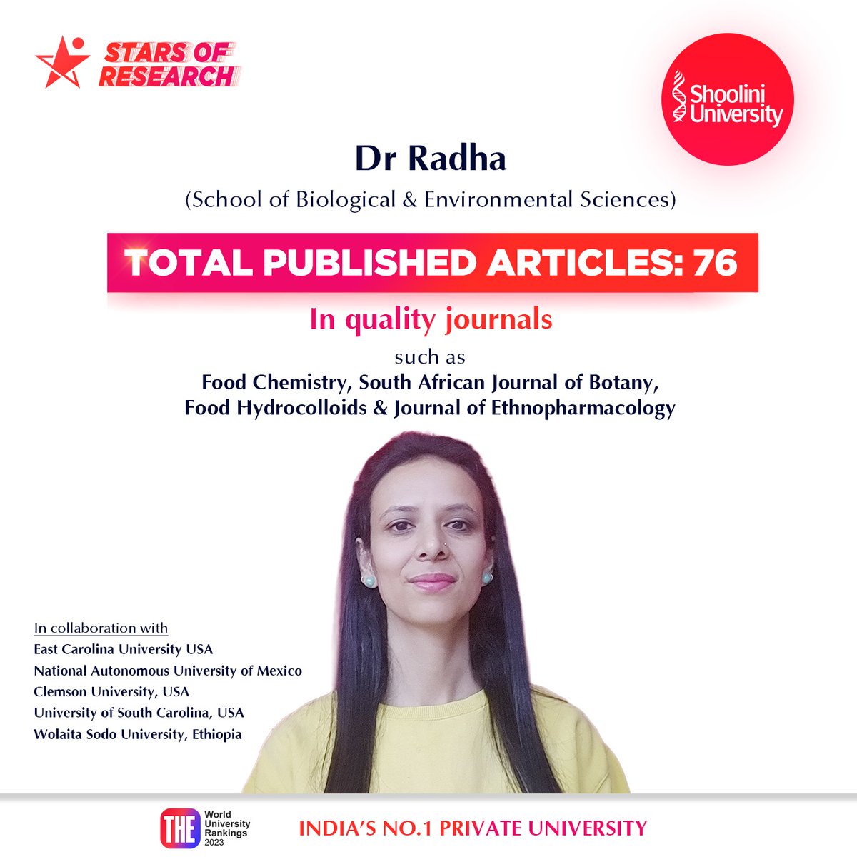 ShooliniUniv's tweet image. Congratulations Dr Radha (School of Biological and Environmental Sciences) for publishing high-quality 76 #ResearchArticles.
You are a true inspiration for all of us &amp;amp; your work will always inspire the young #researchers at Shoolini.

#shpoliniuniversity #shoolinischolars