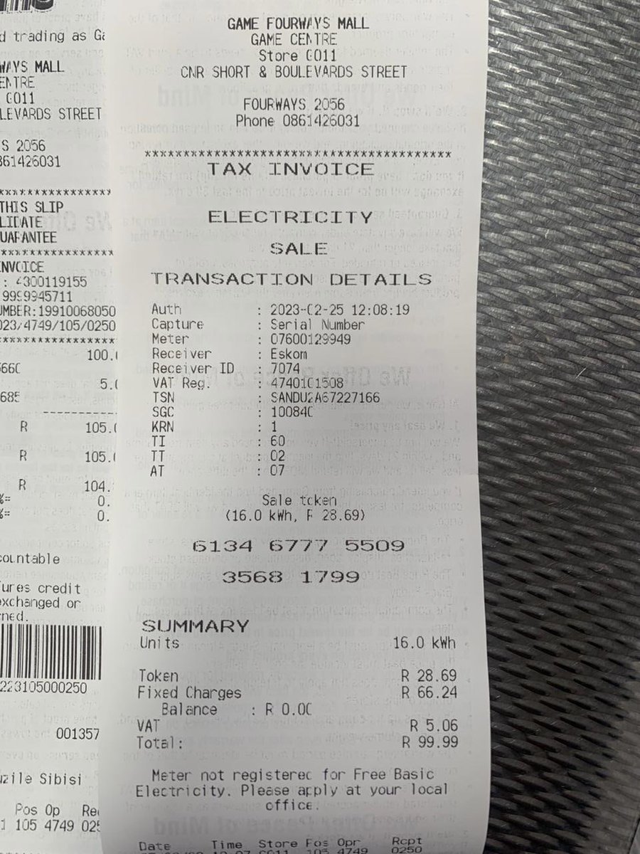 nhlakesm's tweet image. So bought electricity @GameFourways for R100 and I only got 16.00 units. The receipt shows that R66 went to fixed charges and R28 went to the electricity… how’s this even possible??? Usually R100 gives me about 40 units…🤷🏻‍♀️ @AdvoBarryRoux