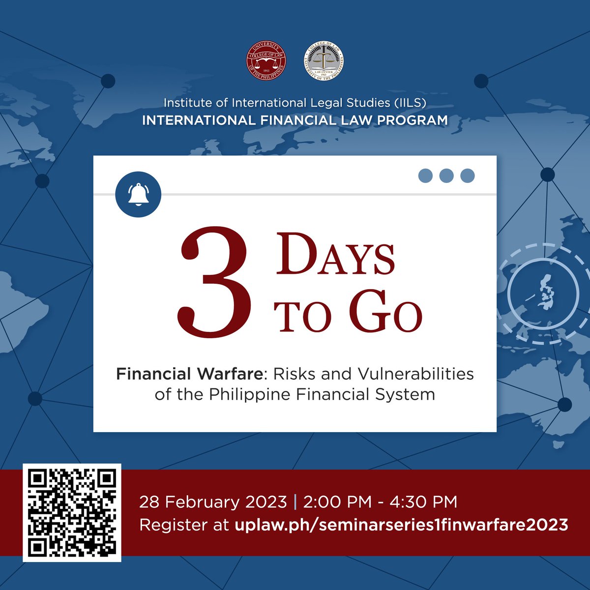 UPCollegeofLaw's tweet photo. Three more days until the Financial Warfare and the Philippine Financial System forum of the Institute of International Legal Studies!
Register at: https://t.co/v419q5p9DH

#IILS #financialwarfare #PFS #UPLaw #UPCollegeofLaw https://t.co/RrsKO1I05T