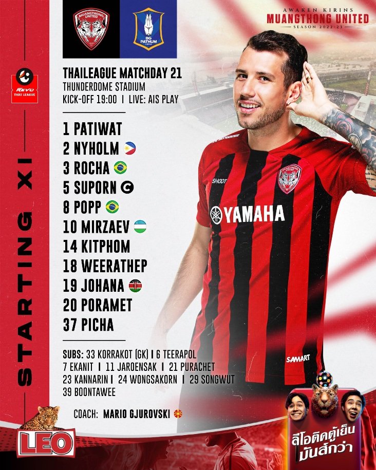 MuangthongUtd's tweet photo. TODAY'S STARTING XI

 Muangthong United vs BG 
🗓️25-FEB-23 
🕖7 PM 
🏟️Thunderdome 
📺AISPLAY
#mtutd 
#ThaiLeague https://t.co/bXSUE5CP6V