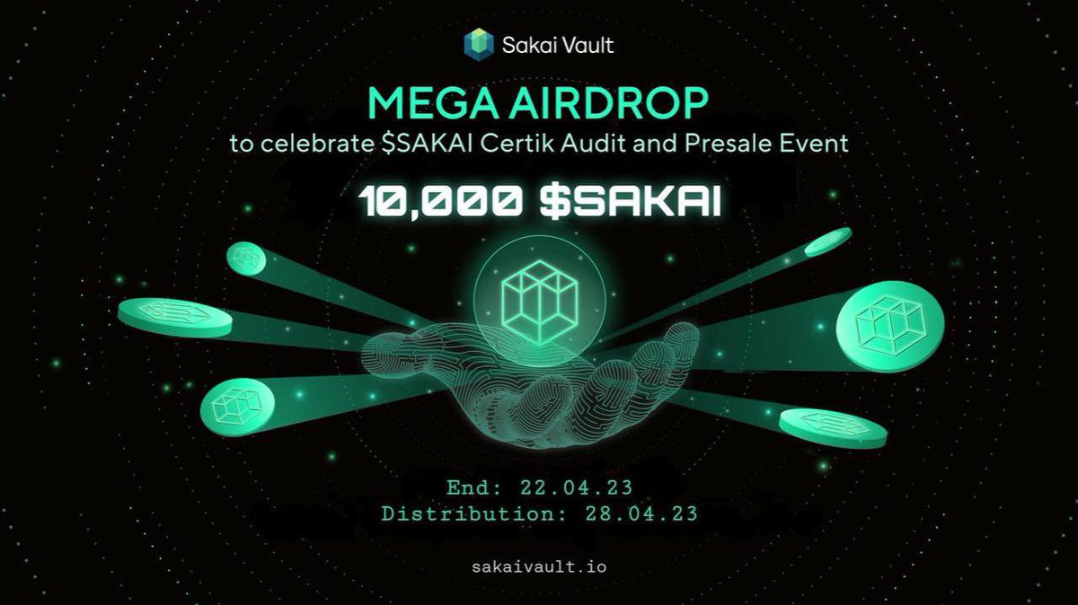 SakaiVault's tweet photo. Sakai Vault Mega Airdrop to celebrate Certik Audit and Presale Event

🚀 https://t.co/Neba5Luyhj

🚀Website: https://t.co/gppgESWcJb
📋 Whitepaper
📅 End: 18 April 2023
🏦 Distribution: 28 April 2023

🎯Note: All tasks are mandatory. We will check all participants manually. https://t.co/gRnaHijShb
