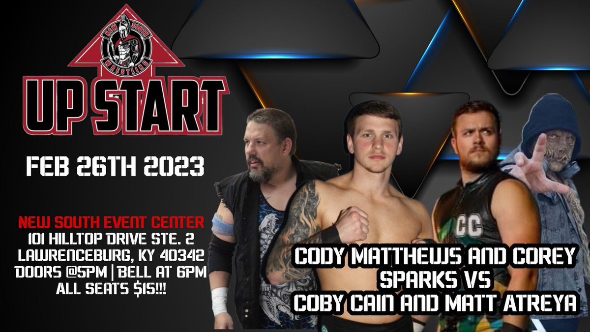 NewSouthKY's tweet photo. It's tag team action as #CodyMatthews and @corey9915 do battle with #cobycain and @MattAtreya. A mix of styles will clash here! https://t.co/V21BDayq1M
