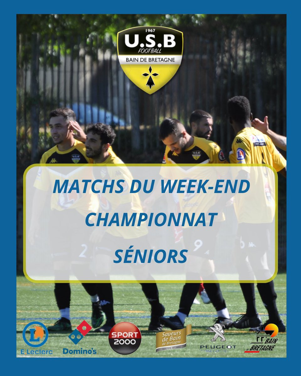 usbainfoot's tweet photo. [PROGRAMME] Championnat Séniors 👊

📅 Dimanche 26 Février 2023 

Venez nombreux supporter nos équipes ce week-end ! 📣👏

#allezusb 🟡⚫️💪 https://t.co/S1wkwXH9nT