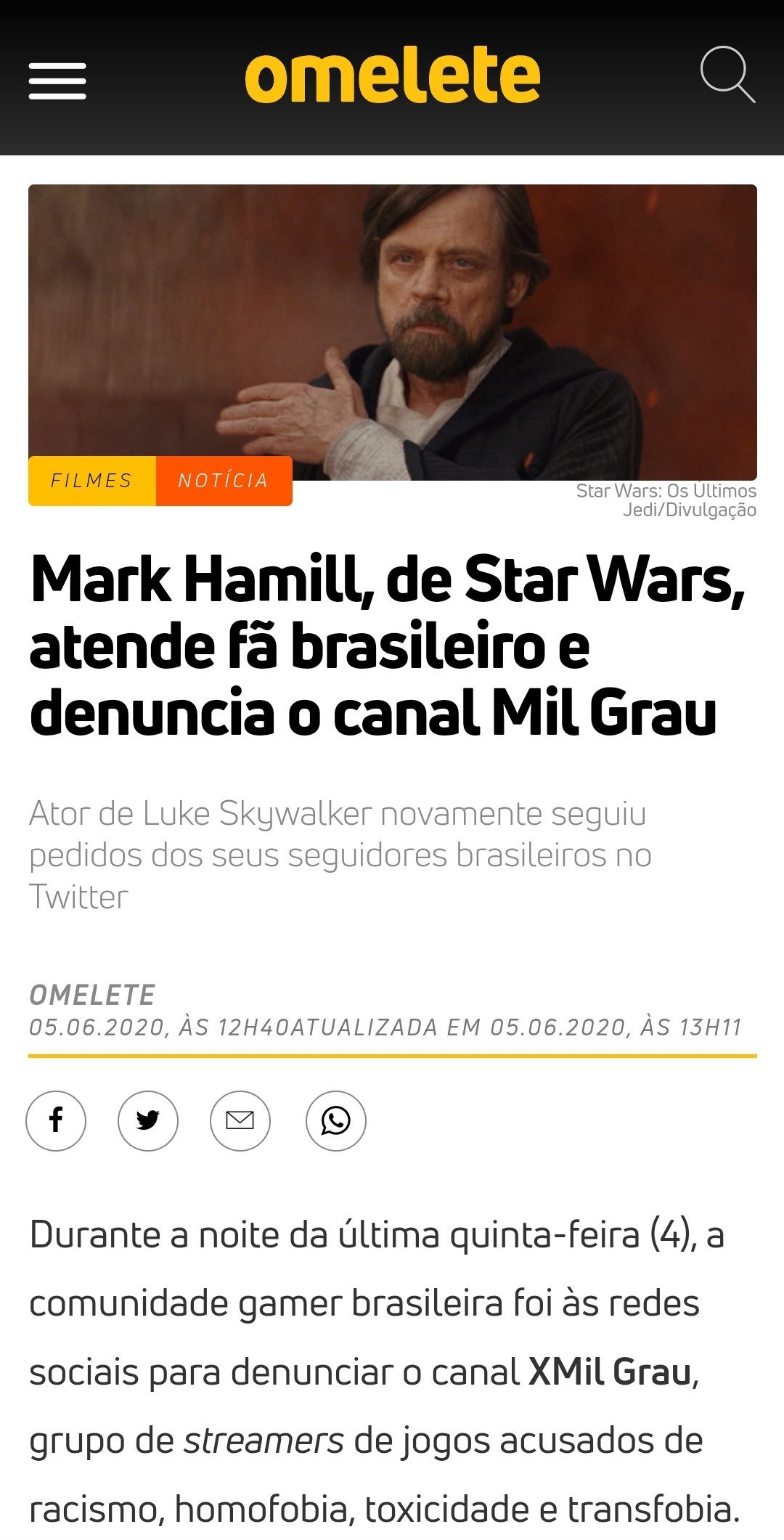 Mark Hamill de Star Wars denuncia o canal Mil Grau a pedido de um