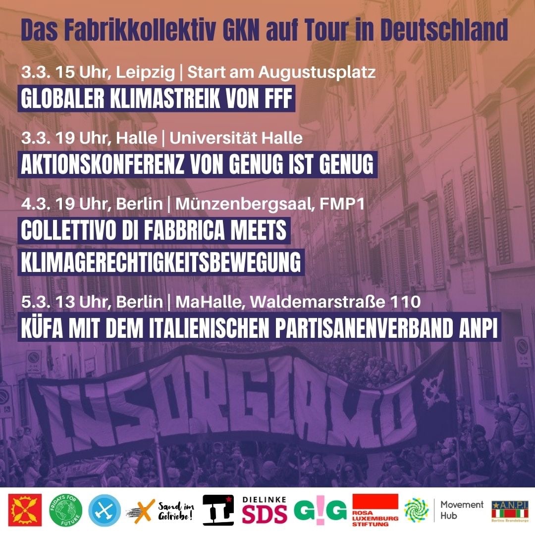 wirsagengenug's tweet image. Das Fabrikkollektiv aus Florenz auf Tour 🔥

Die Fabrik  der GKN in Italien soll geschlossen werden, auch das Werk in Zwickau. Doch wir werden uns gemeinsam wehren. 

In Halle, Leipzig und Berlin bauen wir Allianzen für eine Konversion und Solidarität über Grenzen hinweg 👊