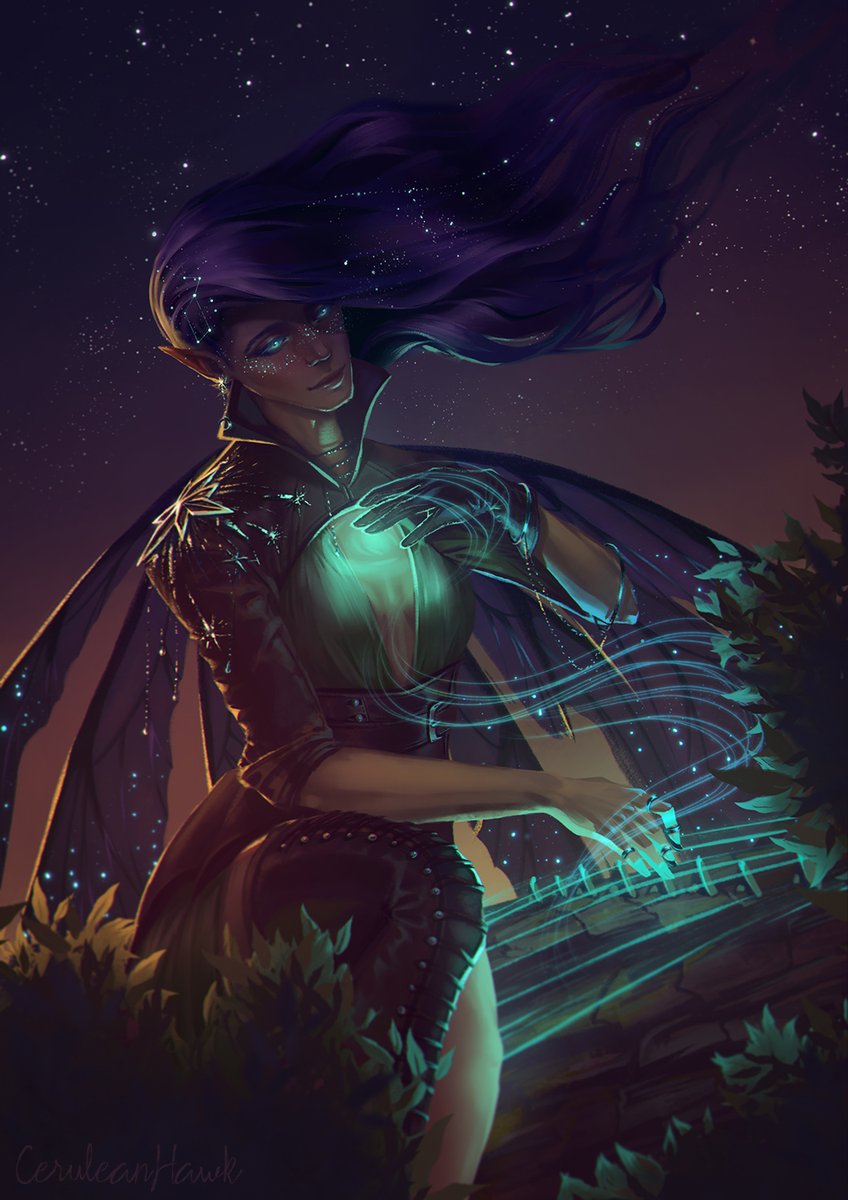 Ceruleanhawk_'s tweet image. Look at the sky, the Milky Way is flowing there.
We’ll lie down to rest next to it as starlight bears.
---
I didn't like the original Lady Azata portrait, so I did my own (:
#PathfinderWrathOfTheRighteous #pfwotr #azata #wrath_of_art