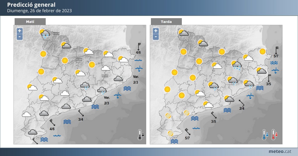Demà arribarà una pertorbació que portarà precipitació al sector central del litoral i del prelitoral, i farà baixar la cota de neu notablement al final del dia. Més detalls al butlletí: meteo.cat/prediccio/gene…