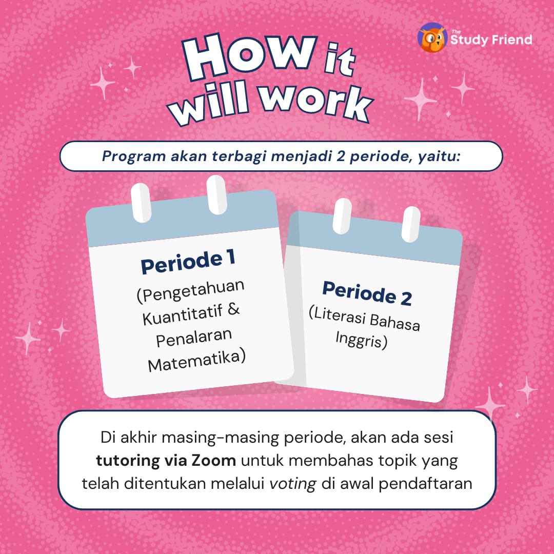 thestudyfriend's tweet photo. Program ini akan berlangsung dari tanggal 6 - 31 Maret 2023, setiap hari Senin, Selasa, Kamis, dan Jumat!
Untuk sesi tutoring, akan diadakan via Zoom selama dua kali untuk membahas topik yang telah #StudyFriend tentukan melalui voting di awal pendaftaran ๐ณ https://t.co/aZ7XbeX6bL