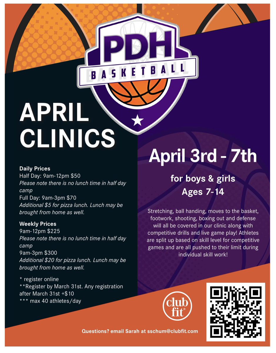 April break clinic 4/3-4/7 register early only 40 spots available.