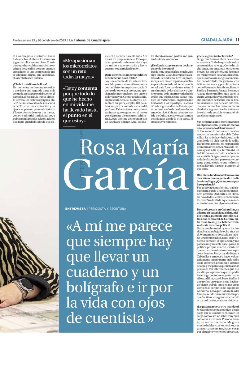 ENTREVISTA CON ROSA MARÍA GARCÍA EN "LA TRIBUNA"

"La Tribuna de Guadalajara" publica este fin de semana una extensa entrevista con la concejala de Cultura <a href="/RMGCabanillas/">Rosa María García Ruiz</a>, a raíz de la reciente publicación de su libro "Érase una vez un fin".