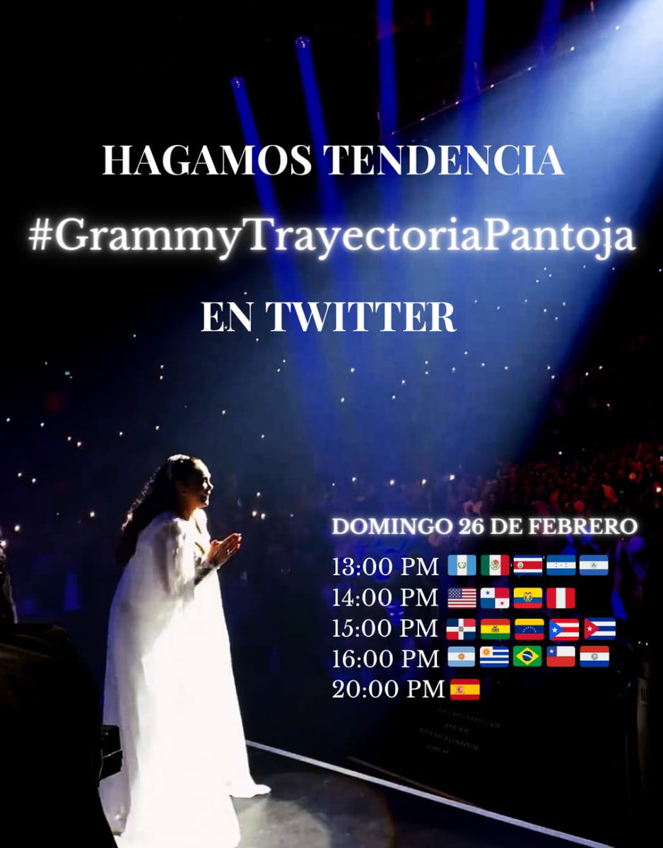 🔊- Os queremos pedir a TOD@S que mañana nos unamos y hagamos TENDENCIA este # ⬇️

#GrammyTrayectoriaPantoja

Solicitando así que <a href="/LatinGRAMMYFdn/">LatinGRAMMYFdn</a>  reconozcan a <a href="/_ISABELPANTOJA/">ISABEL PANTOJA</a>, una ARTISTA UNIVERSAL E ICÓNICA, por sus 50 años de vigencia en la música, Española y Latina.

Gracias