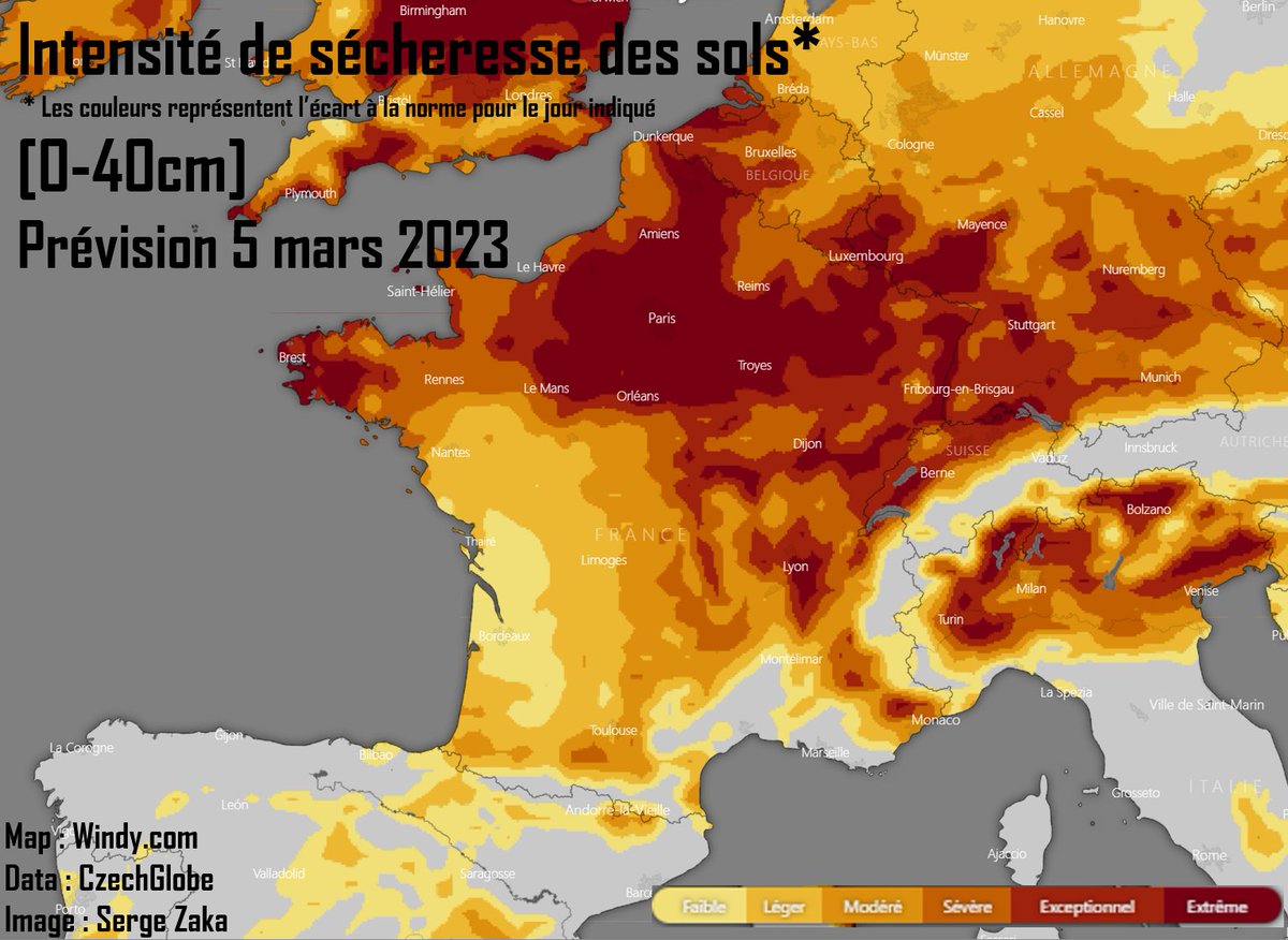 L'indice hydrique des sols 0-40cm est extrêmement bas pour une fin d'hiver sur le bassin parisien. 
A Melun :
▶️aucune pluie significative depuis 35 jours
▶️pas une seule goutte en février
▶️pas de pluie avant 9 jours mini
Se dirige-t-on vers 50 jours sans 🌧️significative ?
1/2