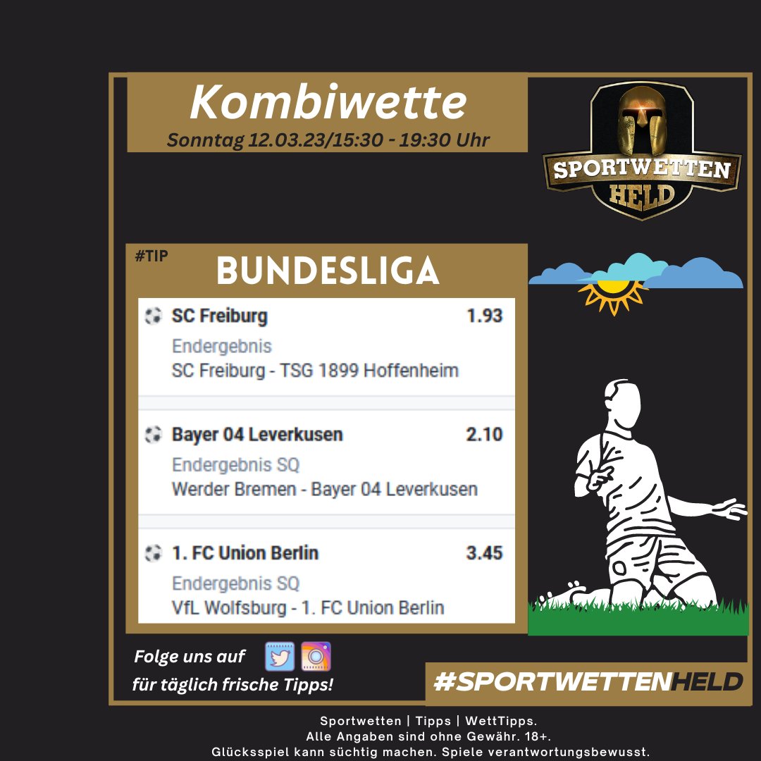 SportwettenHeld's tweet photo. Dein Schein für die #Bundesliga_DE ist fertig.
Viel Glück!
Sportwettenanbieter Betano:https://t.co/lUKk72b4JG
#SportwettenHeld #WettTipps #Bettingtips #bet365DE #unibet #betway #bet365 #tipico #gamblingtwitter #bwin_de #fcunion #AdmiralBet #Tipico_de #scfreiburg #bayer04fussball https://t.co/AqHNvA530q