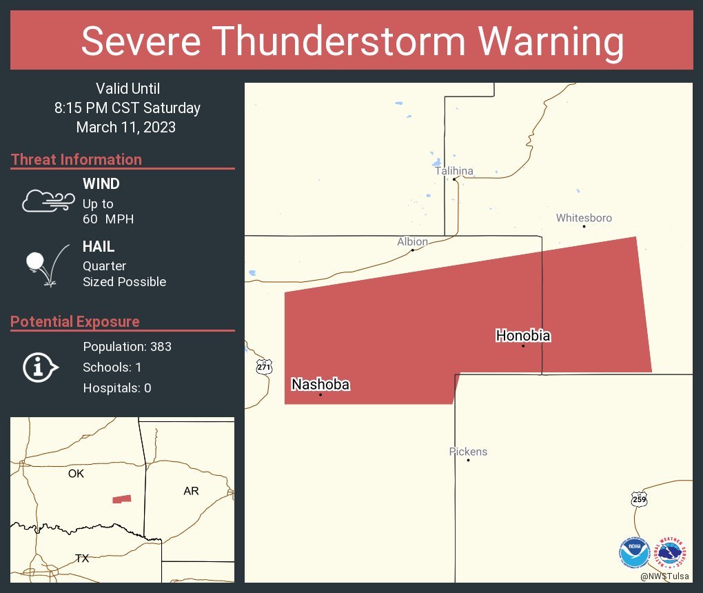NWS Tulsa on Twitter "Severe Thunderstorm Warning including Honobia OK