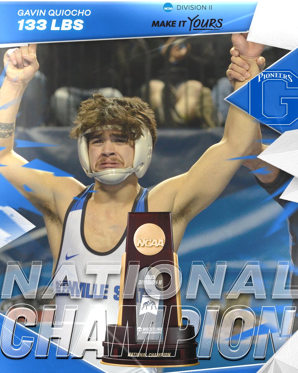 🚨The first national champion in program history🚨

Gavin Quiocho of Glenville State College defeats Quentrevion Campbell of Chadron State to claim the title at 133 lbs.

#D2Wrestle | #MakeItYours