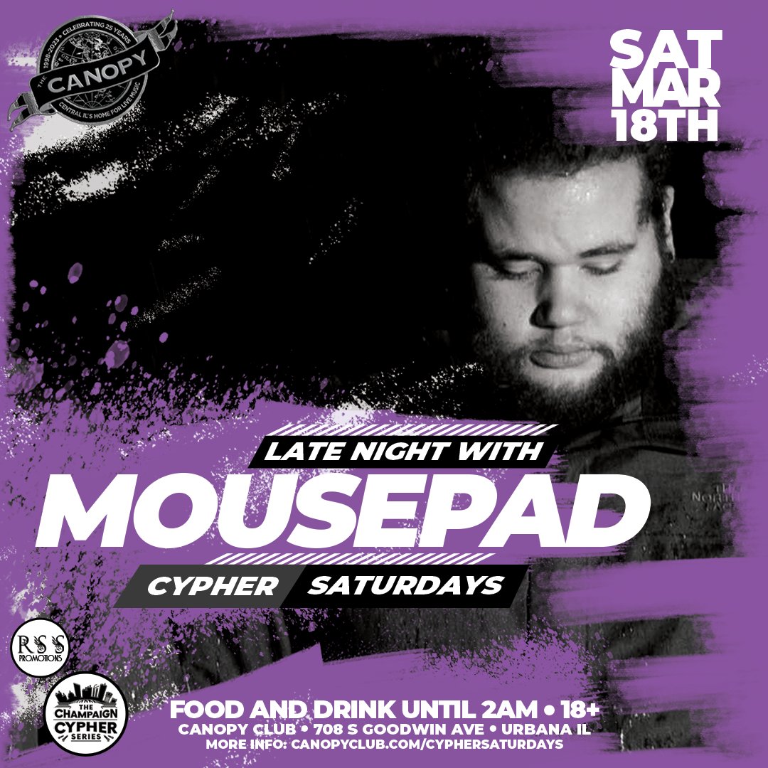 Canopy_Club's tweet photo. 1 WEEK 🎤🔥 𝘾𝙮𝙥𝙝𝙚𝙧 𝙎𝙖𝙩𝙪𝙧𝙙𝙖𝙮𝙨 is back under the Canopy for another night packed with CU hip-hop talent. Over a dozen performances, @mousepadmusic on the decks and at midnight we celebrate Dos's BDay. More TBA. $10 Cover/18+ 

➡ https://t.co/osi5zl1zEn https://t.co/FiuId9m1xg