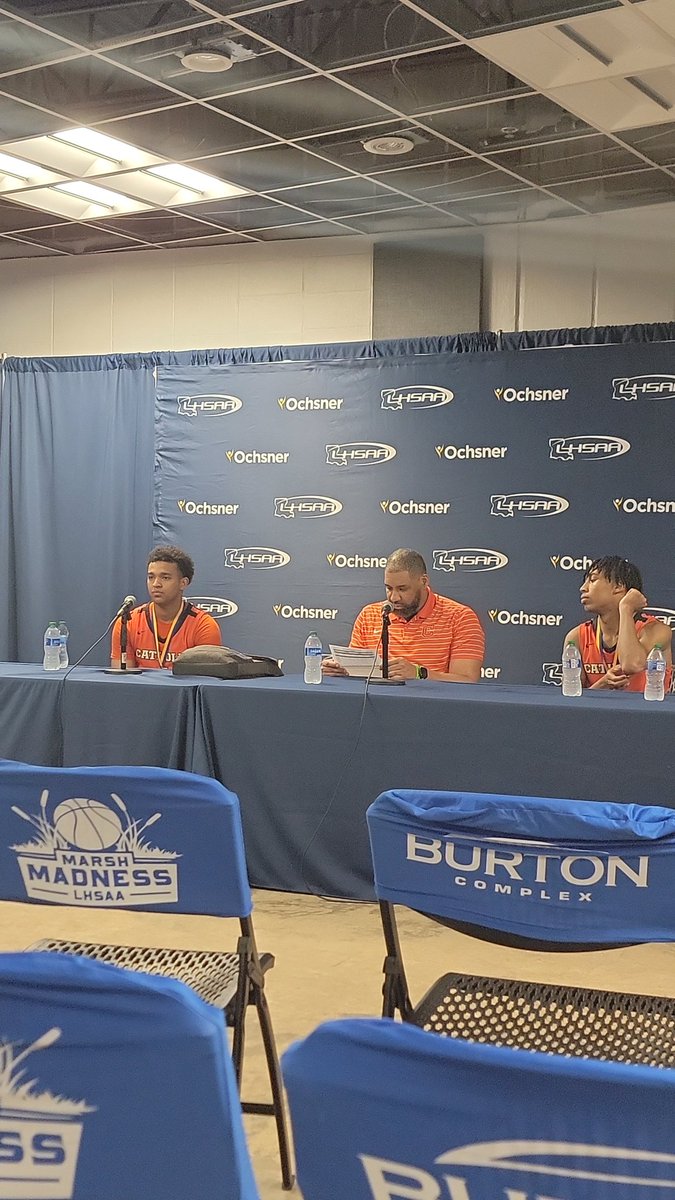 Coach Jones on the mic with Connor Green and Dennis Hebert after claiming the school's first ever state title in basketball <a href="/CHSBRhoops/">CurDogBasketball</a>