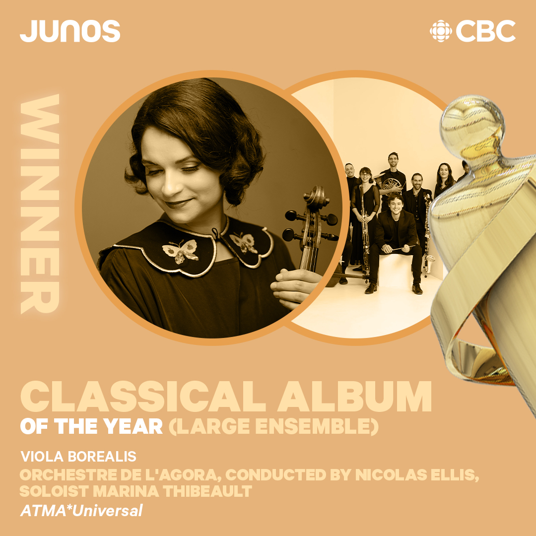 And the winner for Classical Album of the Year (Large Ensemble) is…

Viola Borealis - <a href="/OrchestreAgora/">Orchestre de l'Agora</a>, conducted by Nicolas Ellis, soloist <a href="/MarinaThibeault/">Marina Thibeault (They/Them)</a>