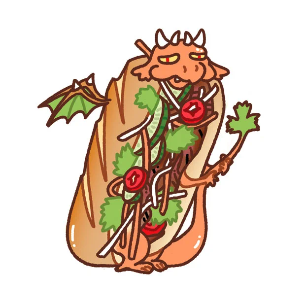 A Bánh mì dragon! I'm planning on making this a sticker...but do you think it'll look cool as a pin? Or is it too much? Hmm! 