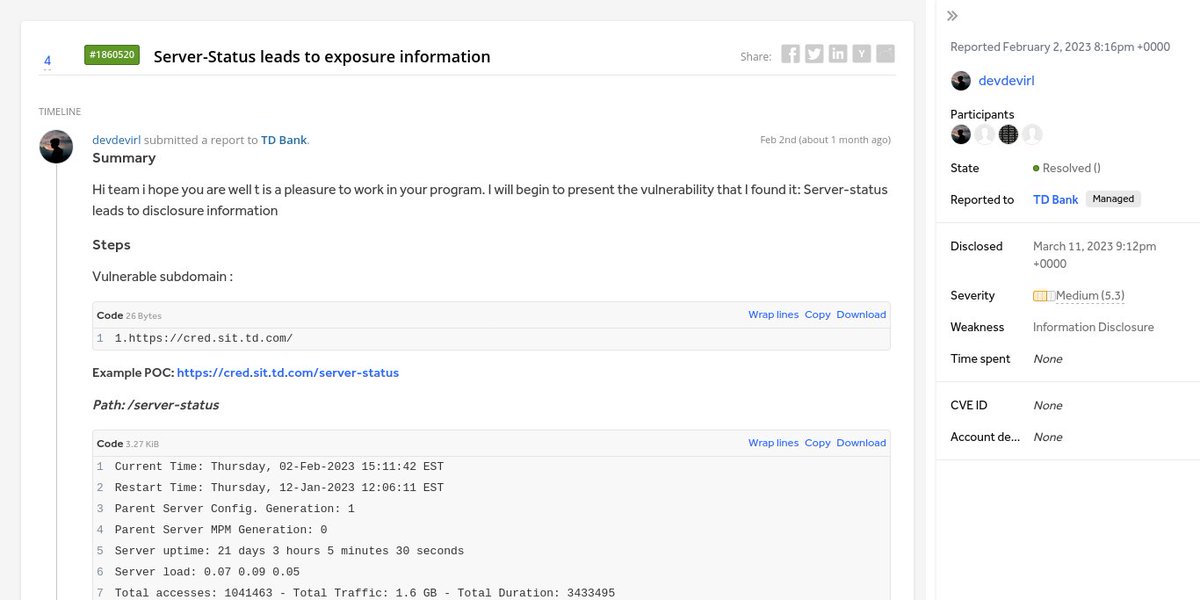 h1Disclosed's tweet photo. ⚡ Server-Status leads to exposure information 
👨💻 @babz200 ➟ TD Bank 
🟧 Medium
💰 N/A
https://t.co/3tDD4LBtWK
#bugbounty #bugbountytips #cybersecurity https://t.co/KCPcWTVQuw