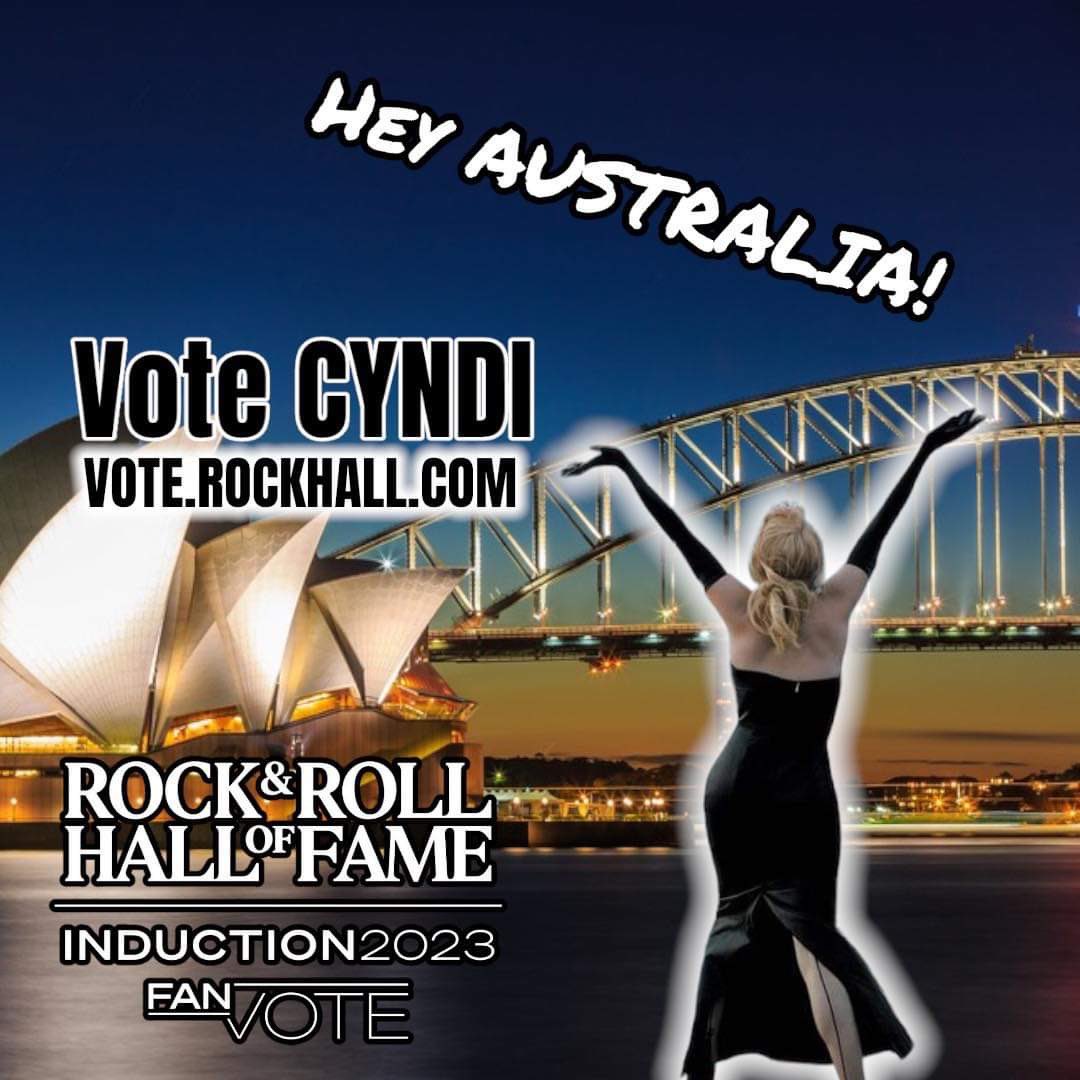 CyndiMuseum's tweet photo. So jealous of Australia 🇦🇺 this week!!! Who’s going to see Cyndi in concert?? Have a GREAT time but don’t forget to vote 🗳️ https://t.co/cOsc3dCPfz 🗳️ Thanks @dominickde for the 👨‍🎨 #cyndilauper #inductcyndi #australia #sydney #melbourne #brisbane #perth #adelaide https://t.co/CaGuL3ImA9