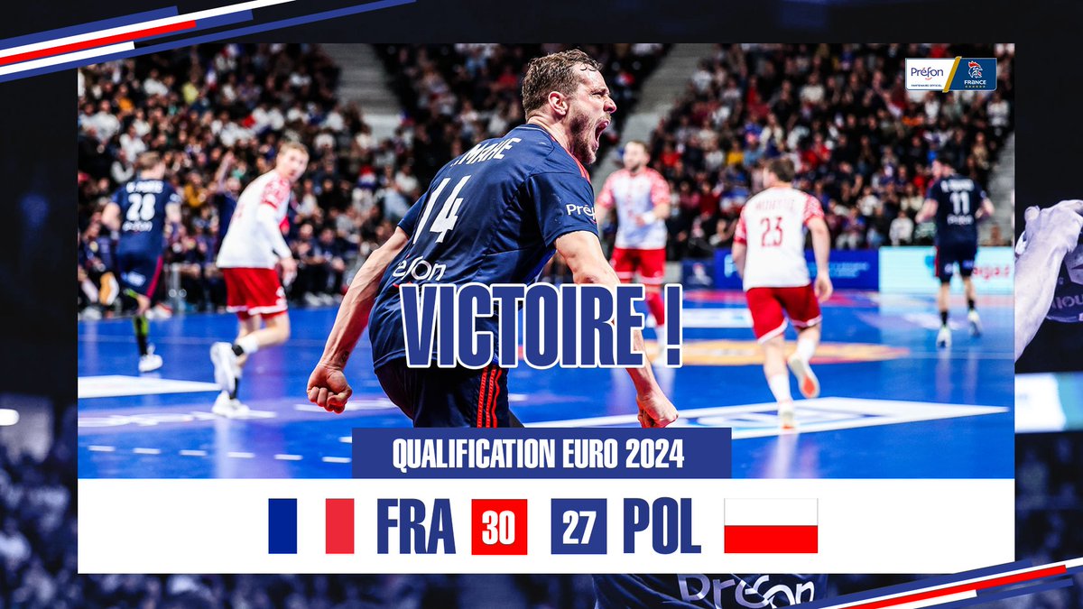 🔥VICTOIRE !🔥

L’Equipe de France s’impose face à La Pologne et obtient son ticket pour l’Euro 2024 ! 

Un grand BRAVO Messieurs pour cette démonstration de force et d’engagement. 👏

Tous avec Les Bleus ! 👊

Score final : 30🇫🇷⚡🇵🇱27

#Préfonhandball #BleurEtFier #Engagement