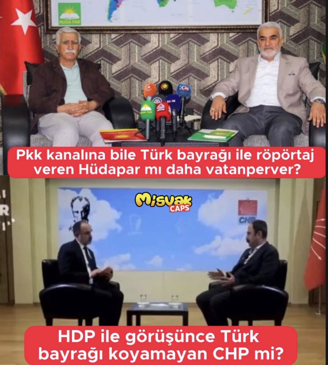 PKK’nın kanalına bile Türk Bayrağı 🇹🇷 ile röportaj veren #HÜDAPAR mı vatansever, #HDP ile görüşünce bayrakları indiren #CHP mi?