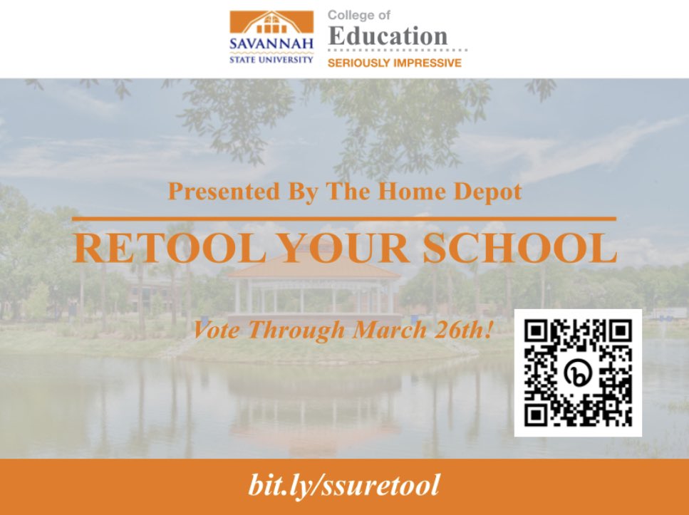 #RYSSavannah 🧡💙 Remember to vote for @savannahstate each day through March 26th so that we can receive additional funds to continue improving our campus! 🏫🛠️ bit.ly/ssuretool #RetoolYourSchool @HomeDepotRetool