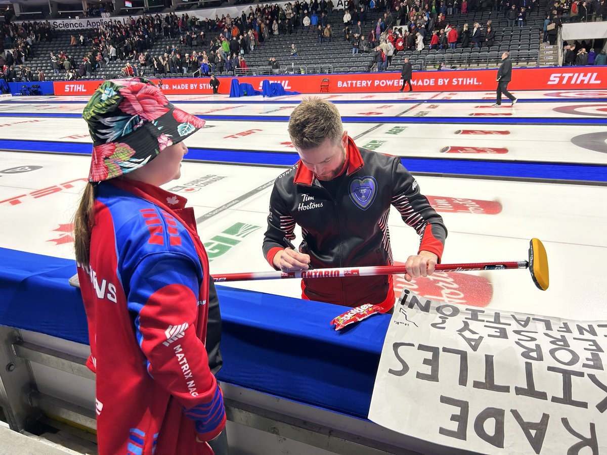 Carter wants to thank @MikeMcEwen80 from @TeamMcEwen for the trade after the game today! It was fun watching watching your team all week. Thanks for spending time with the fans after a tough game, I’m sure it wasn’t easy but the kids will remember it for a long time! #Brier2023
