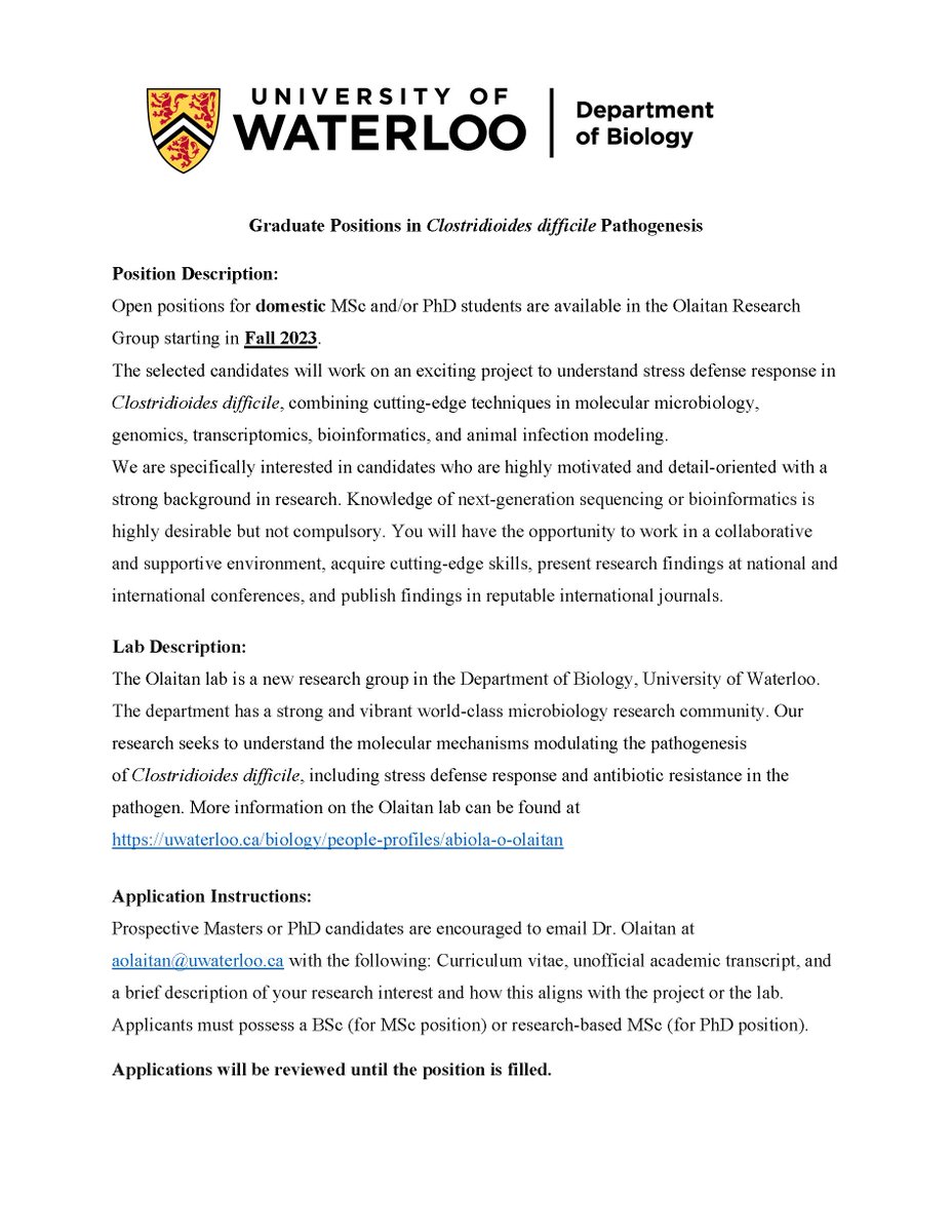 OlaitanLab's tweet photo. We have openings for MSc or PhD positions for domestic students! Are you interested in studying the molecular mechanisms of #Clostridioidesdifficile #pathogenesis and #antibioticresistance? Come join our research group @WaterlooBio. #PhDposition #MScposition #UWaterloo https://t.co/1PdZMRJbOG