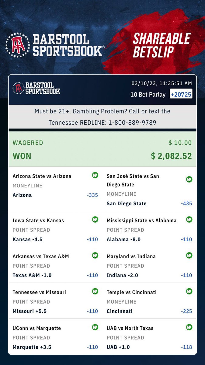This bachelor party went to Nashville and each member picked a leg for a 10-leg parlay 

$10 📈$2,000

They used the winnings to go to the SEC Tournament (IG/michaelmcg6)