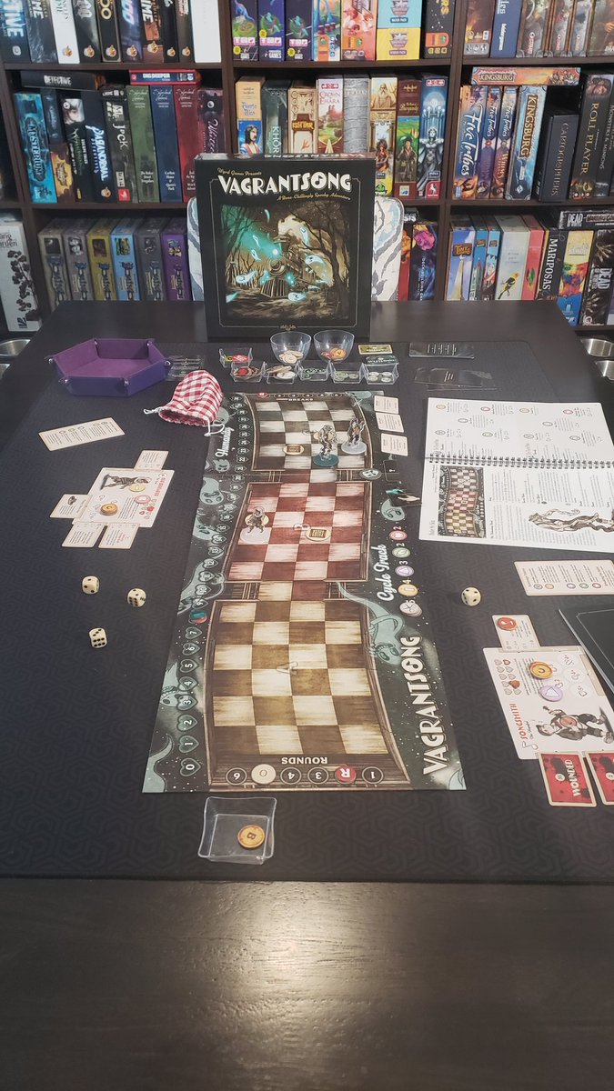 Finally got Vagrantsong by <a href="/WyrdGames/">Wyrd Games</a> to the #boardgame table today with <a href="/Anahressa/">Ɱօէհҽɾ օƒ ƓօβӀìղʂ</a>! Very cool thematic game that has a dungeoncrawler-esque feel with some cool mechanics that make it feel different. Definitely looking forward to getting it to the table again!