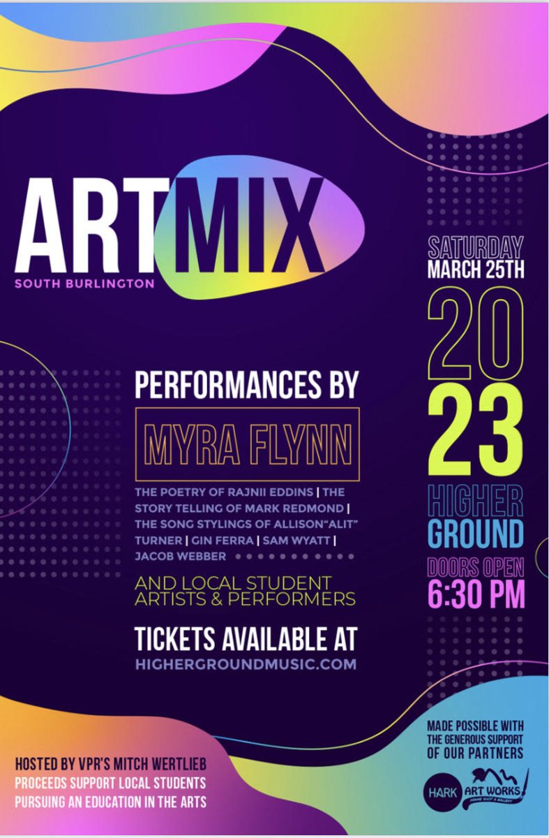sbvtarts's tweet photo. JUST 2 WEEKS FROM TONIGHT!!
SB ArtMix 2023/Higher Ground! Hosted by VT Public's Mitch Wertlieb &amp; all proceeds supporting a needs-based arts scholarship!
TICKETS! https://t.co/2825Ptue0F  #sbvtarts #sbhsvt @myraflynn #sheisalit #rajniieddins @markredmondvt @ginferrart @donkeylova https://t.co/SzbFdhkL1I