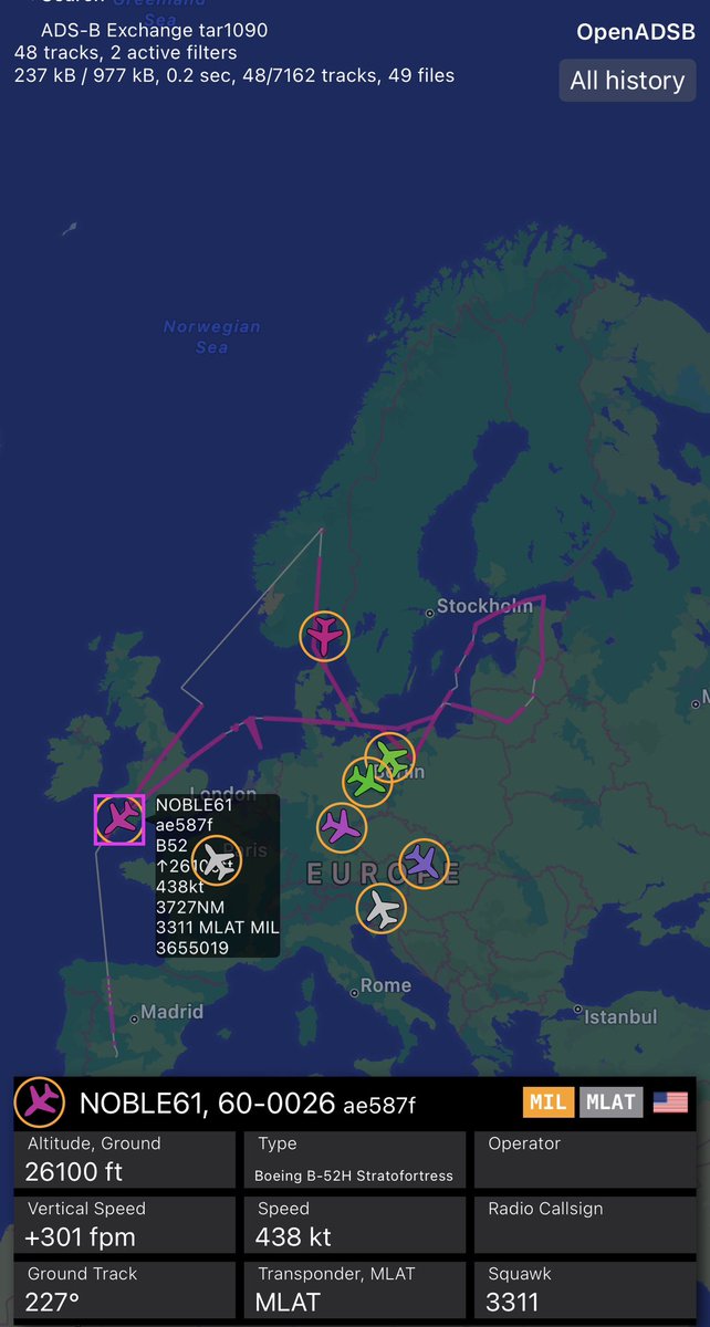 HamWa07's tweet photo. BUFF diplomacy… NOBLE61 B-52H 60-0026 #AE587F it passed really close to 🇷🇺 airspace around Kaliningrad! https://t.co/DUusy4oc0j