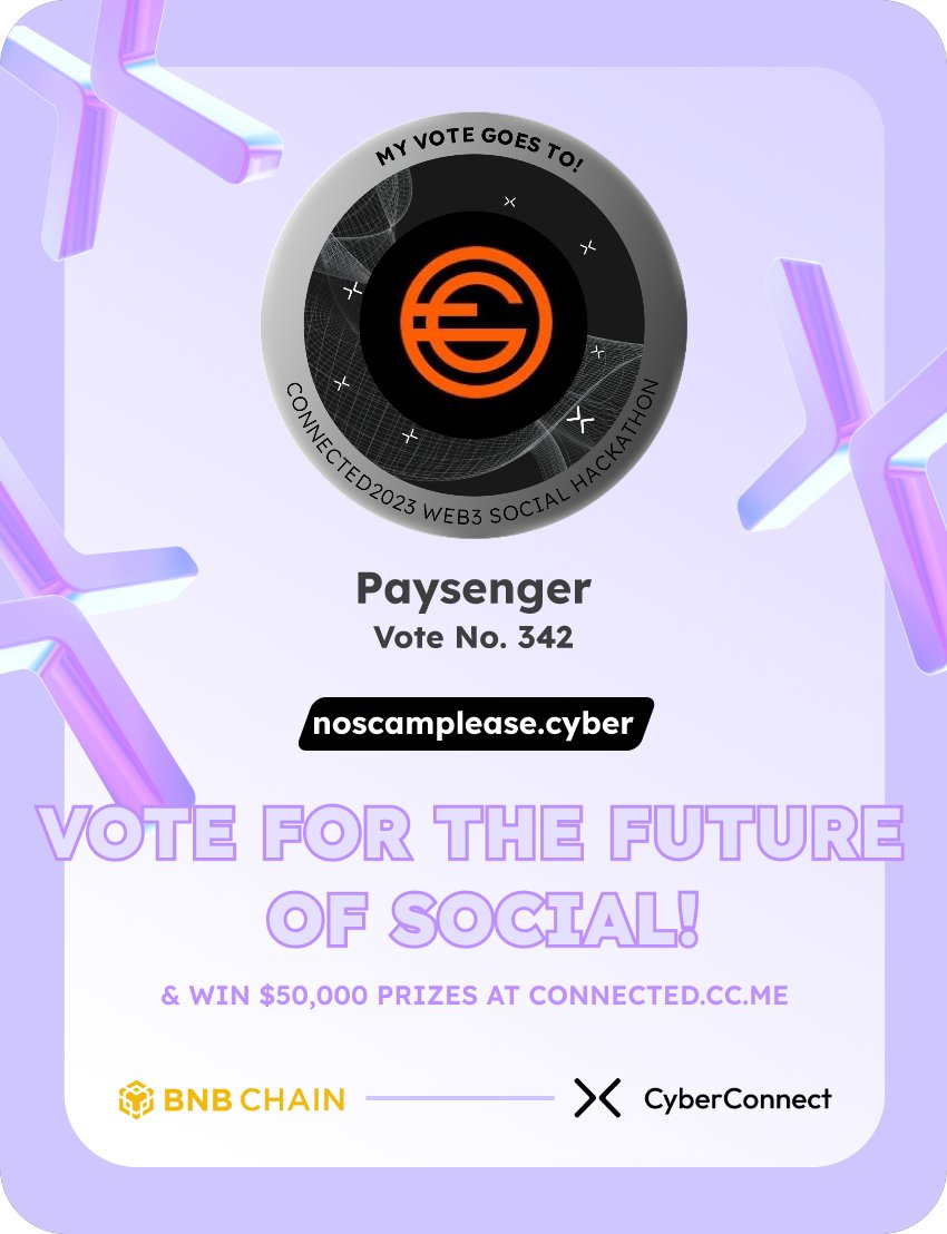 AdAstra088's tweet photo. Just voted for my favorite project Paysenger in #Connected2023, a Web3 Social hackathon by @CyberConnectHQ the social graph protocol &amp; @BNBCHAIN
Join me to vote for a better social and win $50,000-$100,000 prizes!
https://t.co/ickJTz6AAc
sig:RMGMNn 
  https://t.co/xIdfjaDsNG https://t.co/DvwesEBZvt