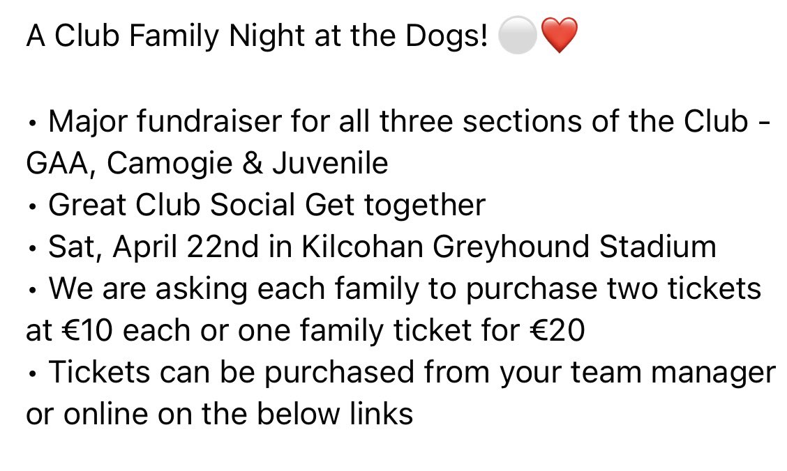 The Club is going to the the Dogs 😁⚪️❤️

A fundraiser for all sections of the Club on Sat 22/4/23 <a href="/kilcohanstadium/">Kilcohan Park Greyhound Stadium</a> 🐾 

Tickets can be purchased online at following links;

Family Ticket
🔗 delasallegaa.clubzap.com/products/11248…

Single Ticket 
🔗 delasallegaa.clubzap.com/products/11424…