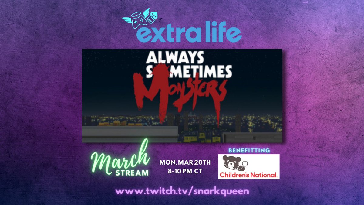 Please join me on March 20th as I dive into Always Sometimes Monsters (again!) by <a href="/VagabondDog/">Vagabond Dog</a>, who generously donated 3 game keys for me to give away during the stream! (Switch &amp; PC, no less!) Go follow them!

✨twitch.tv/snarkqueen
✨extra-life.org/participant/sn…