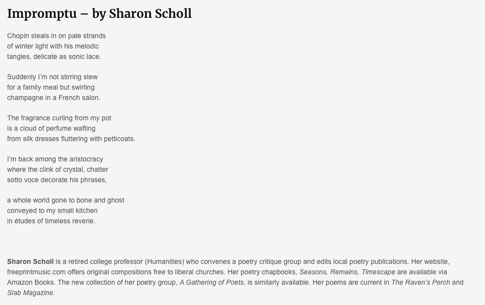 This piece by Sharon Scholl graces our Issue 9, released in November 2022. Enjoy - and make plans to submit poetry or fiction for Issue 10. Deadline is March 31. Our website has all the details.