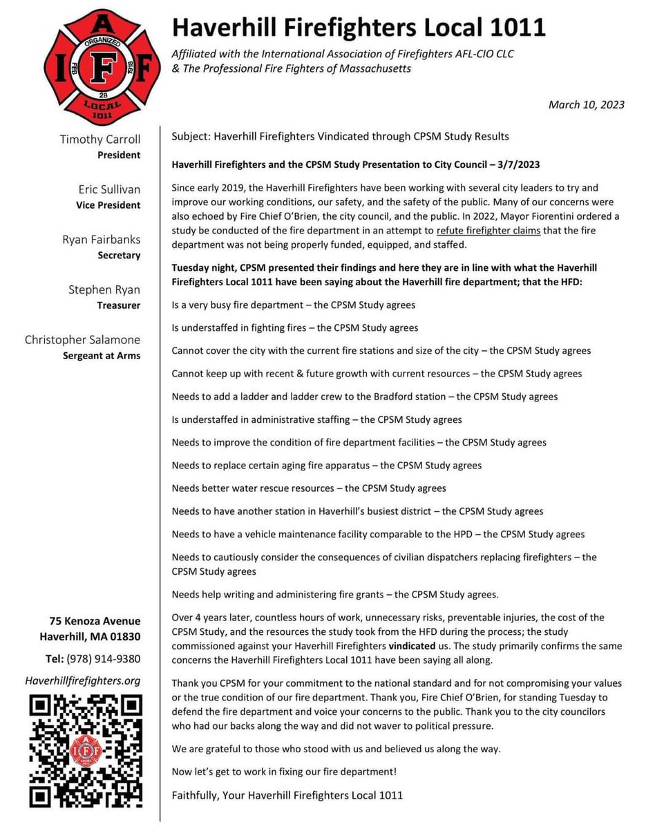 Vindication is nice, results are better. 

Now let's get to work on fixing our fire department!

#Haverhill #HaverhillFire #HFDstudy <a href="/THE_PFFM/">Fire Fighters of MA</a> <a href="/IAFFofficial/">International Association of Fire Fighters</a>

Find more at Haverhillfire.org