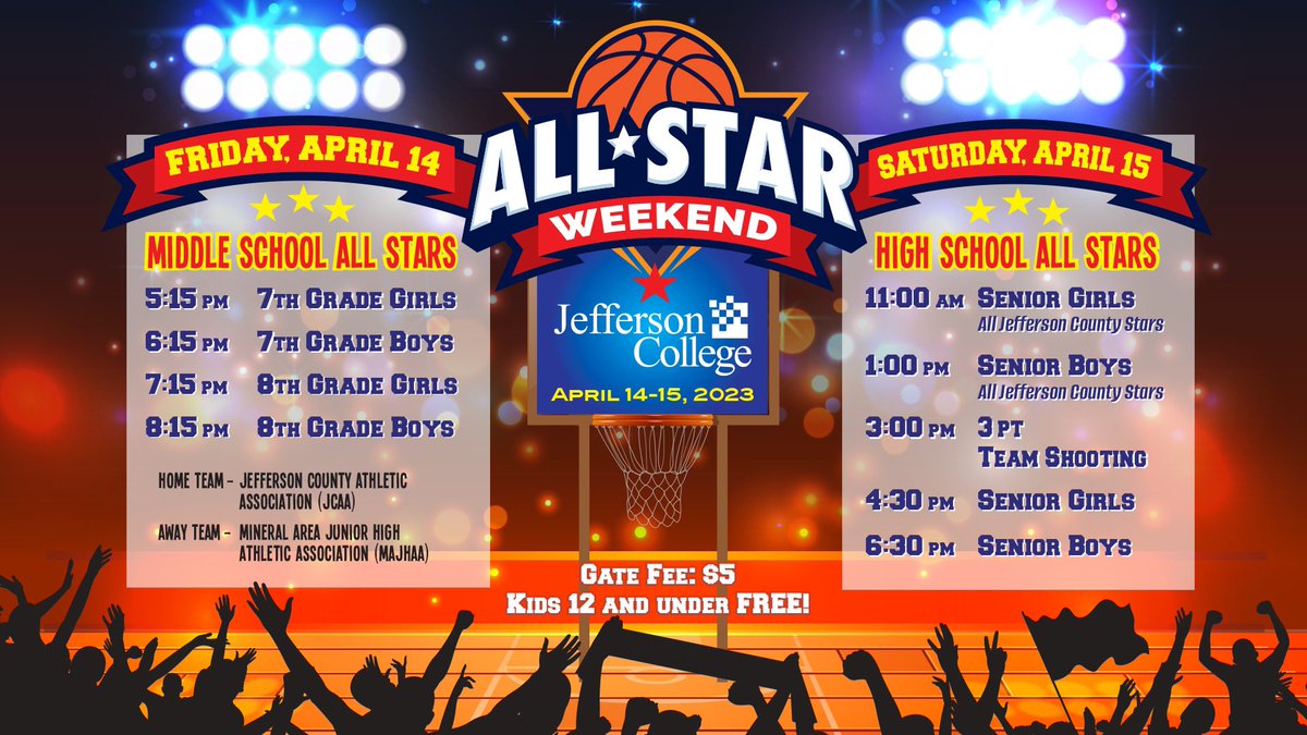 CBreadWalker1's tweet image. Yes, the High School All Star Game is back at Jefferson College!! Jeffco basketball program will be hosting an exciting All Star Weekend that includes professional games on April 14-15. Players be on the look out for your Invite!!! #JC🏀#AllStar #YouReady @JeffcoHoops