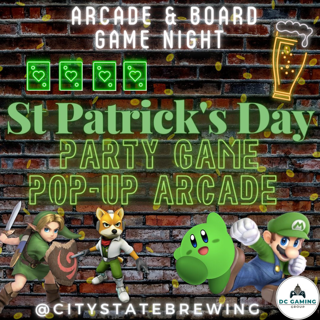 Spend Saint Patrick's Day with your fav local DC Brewery @citystatebrewing and your fav social gaming group.  Dont forget to wear green ☘️☘️☘️ Link in bio to RSVP

#brewery #washingtondc #videogames #nova #nerd #gamer #thingstododc #nintendo #gamers #saintpatrickday