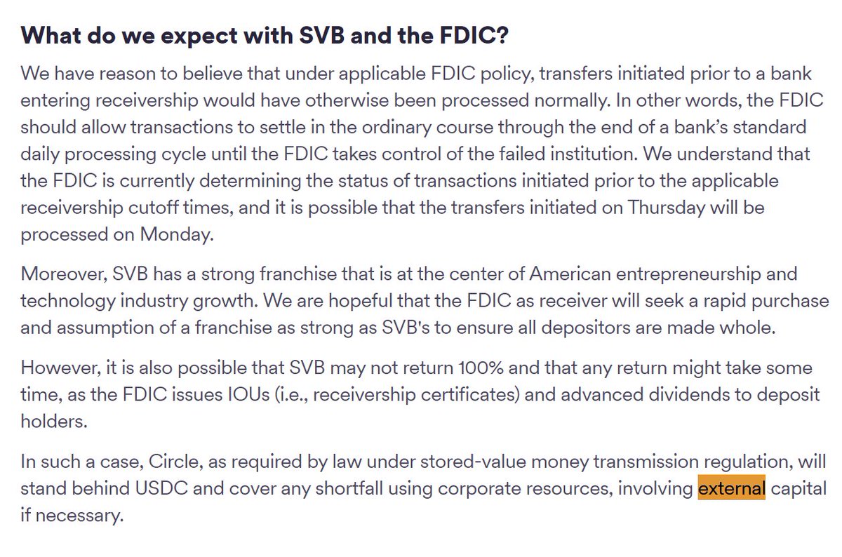 RichardHeartWin's tweet photo. Circle announcement: "... In such a case, Circle, as required by law under stored-value money transmission regulation, will stand behind USDC and cover any shortfall using corporate resources, involving external capital if necessary." https://t.co/CEHzmdJrjh https://t.co/aQn5FZ8Sff