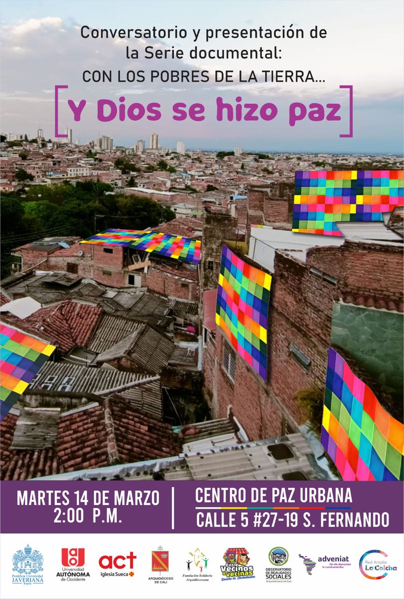OArquidiocesis's tweet photo. El martes 14 de marzo recibiremos en el #CentroDePazUrbana a Carlos Angarita de la @UniJaveriana y la investigación documental "Con los pobres de la tierra... Y Dios se hizo Paz". https://t.co/qehjc1sgfS