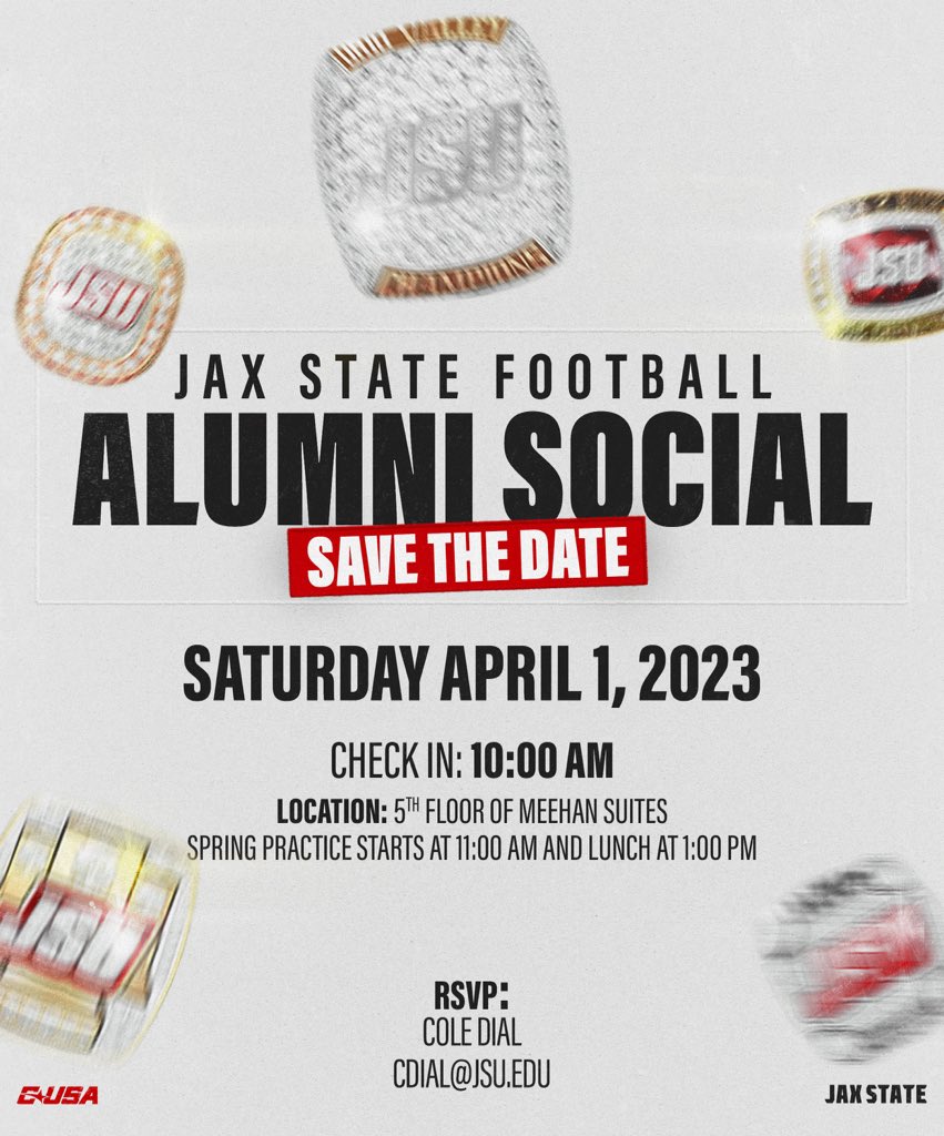 Jax State Football (@jaxstatefb) on Twitter photo โผ๏ธ๐๐ฅ๐ฎ๐ฆ๐ง๐ข ๐๐จ๐๐ข๐๐ฅโผ๏ธ
๐Saturday April 1st, 2023
๐งEmail cdial@jsu.edu to RSVP โผ๏ธ๐๐ฅ๐ฎ๐ฆ๐ง๐ข ๐๐จ๐๐ข๐๐ฅโผ๏ธ
๐Saturday April 1st, 2023
๐งEmail cdial@jsu.edu to RSVP