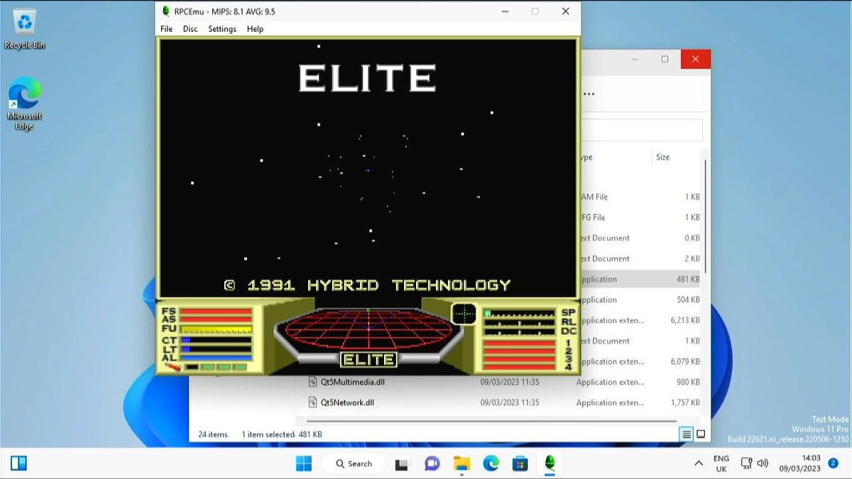 WiFiSheep's tweet photo. This is #64bit #Windows11 running natively on a #raspberrypi #pi400, it even runs #x86 #windows #PC software like #RPCemu which in turn runs #32bit #RISCOS which can then run #26bit #ARM2 #Elite from the #Acorn #Archimedes... it all runs really quite well & is free + legal! https://t.co/8HeFEbORKG