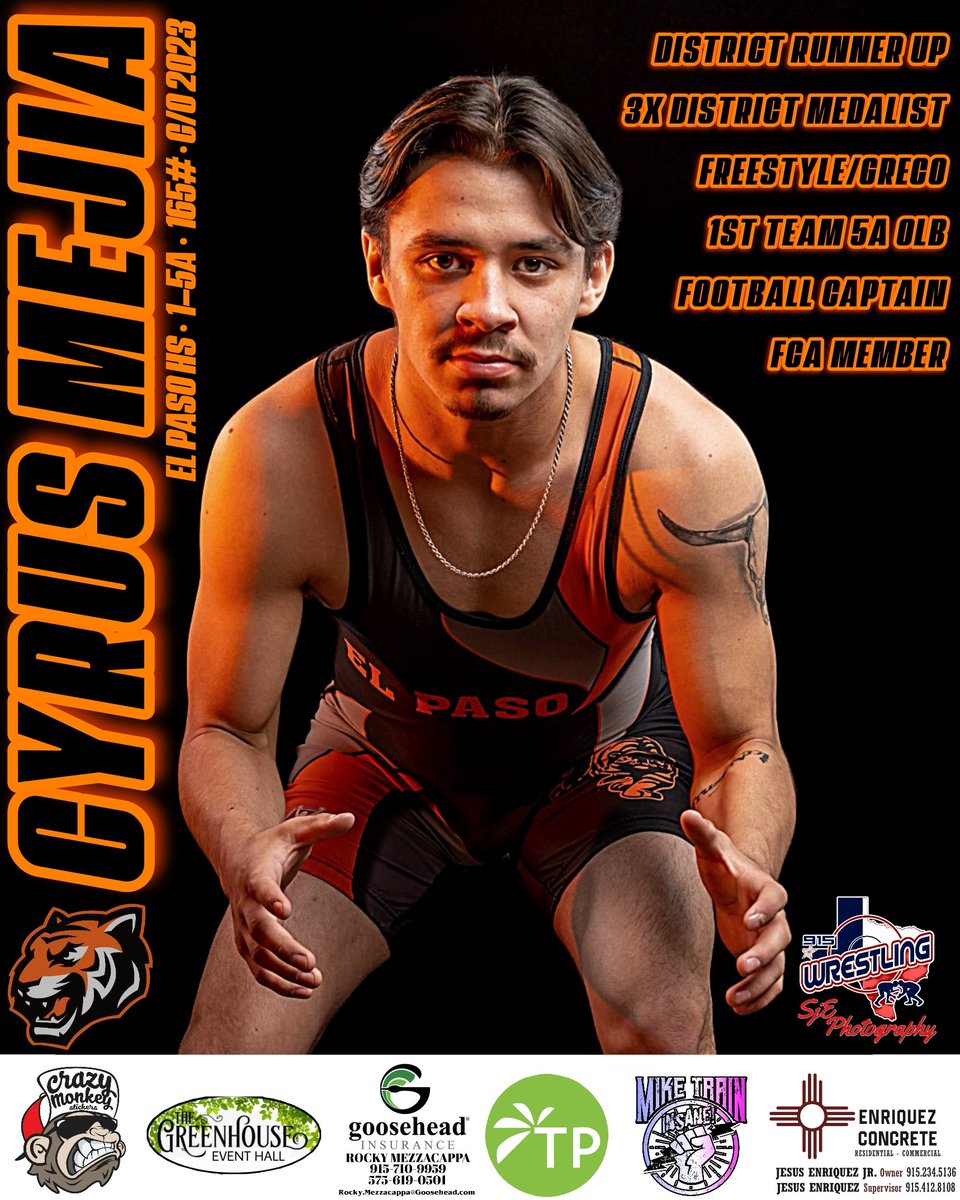 915Wrestling's tweet photo. Cyrus Mejia, senior from @elpasohs
is a leader on and off the mats. Look for Cyrus to continue his education at WBU. Presented by: @MikeTrainInsane @TROPICANAP @Rockymezz #greenhouseevents #enriquezconcrete #crazymonkeystickers #sjephotography https://t.co/a8zO9JBzCq