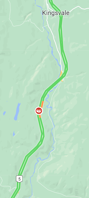 DriveBC's tweet photo. 📡 #BCHwy5 Reports of a vehicle incident south of #KingsvaleBC, south of #Merrit. Crews are en route. Expect delays in the area. #HopeBC #Coquihalla https://t.co/H9TbGd0tZi